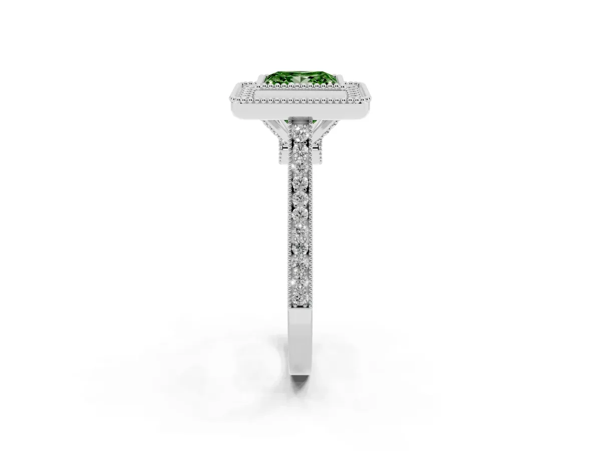 Fancy Green Princess Cut Diamond Halo Ring with Milgrain Frame and Pavé Band Platinum