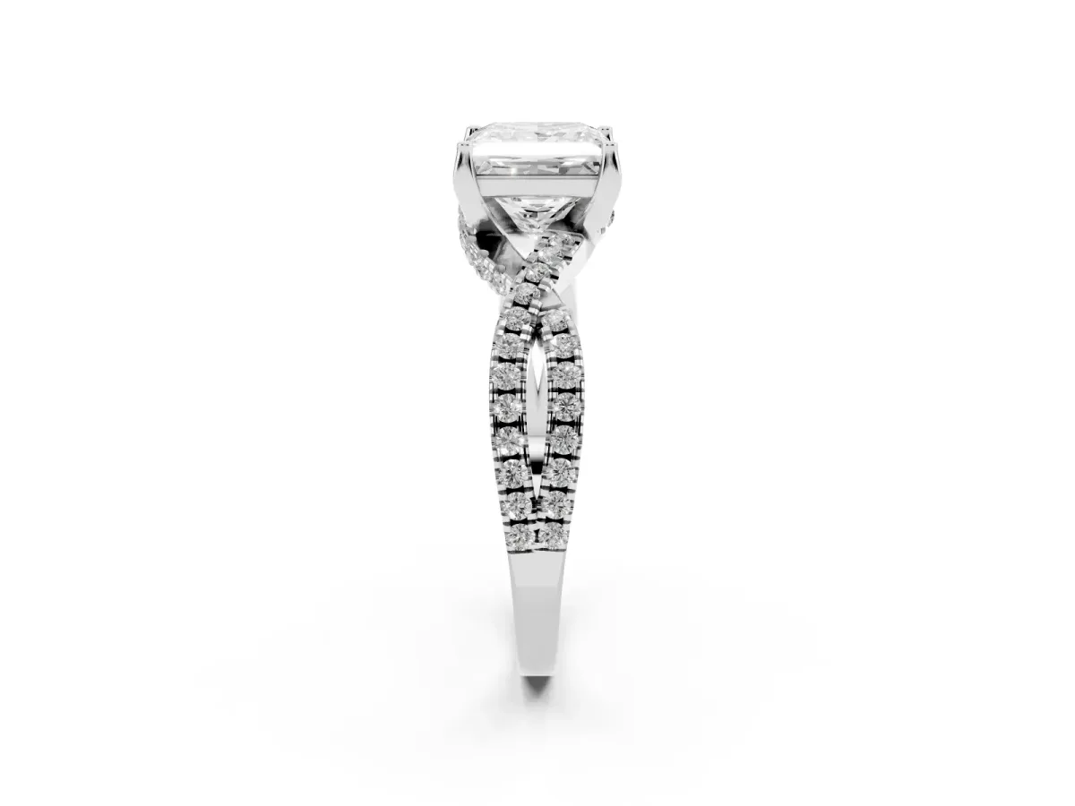 Princess Cut Solitaire Twist Pave Diamond Engagement Ring with Prong Setting Silver
