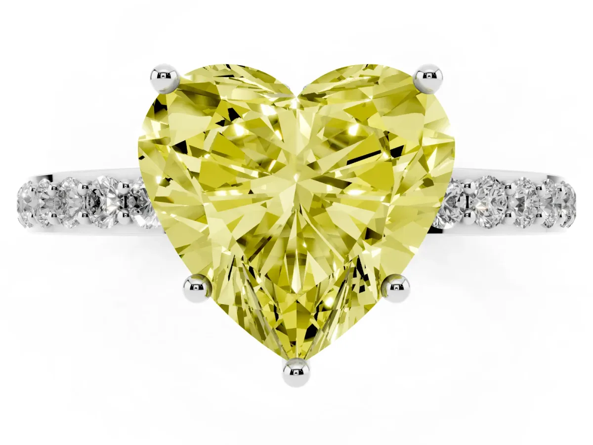 Fancy Yellow Heart Cut Diamond Solitaire Ring with Pavé Band and Hidden Halo Silver