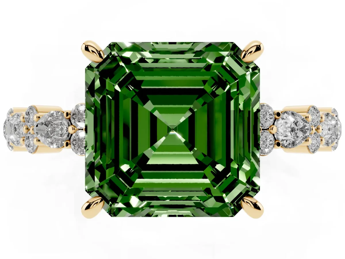 Fancy Green Asscher Cut Diamond Side Stone Solitaire Ring with Round and Four-Prong Setting Yellow gold