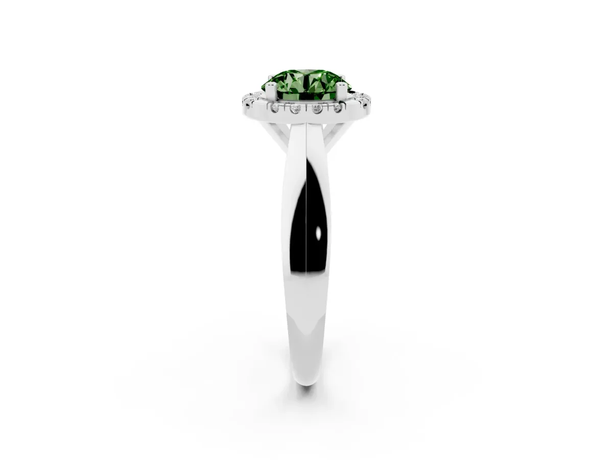 Fancy Green Round Cut Cut Halo Solitaire Engagement Ring with Square Band and Four-Prong Setting Silver