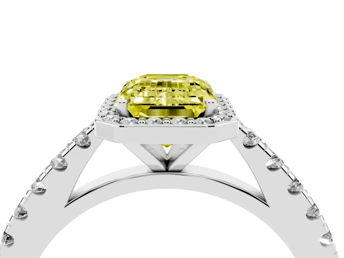 Fancy Yellow Emerald Cut Cut Halo Diamond Engagement Ring with Pave Band and Four-Prong Setting Platinum