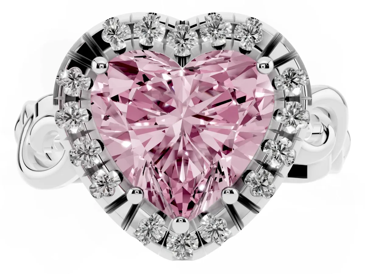 Fancy Pink Heart Cut Cut Halo Diamond Ring with Scrollwork Band and Four-Prong Setting Silver