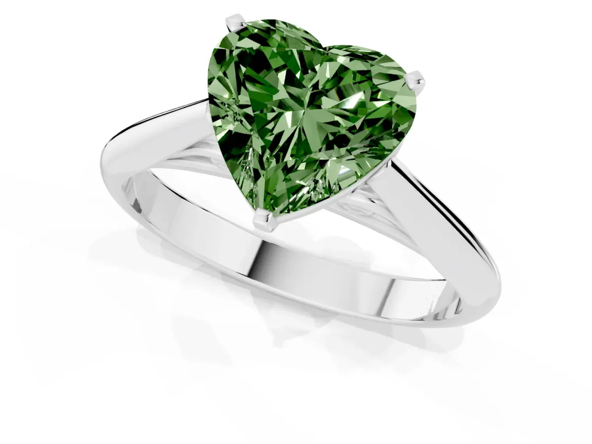 Fancy Green Heart Cut Diamond Solitaire Engagement Ring with Cathedral Setting and Four-Prong Mount Platinum