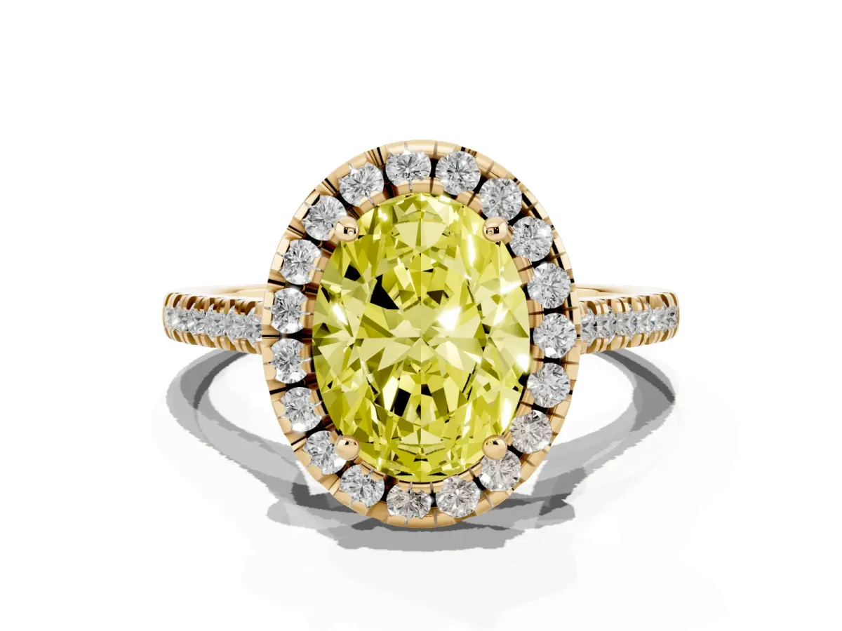 Fancy Yellow Oval Cut Diamond Cushion Halo Ring with Pavé Band Yellow gold