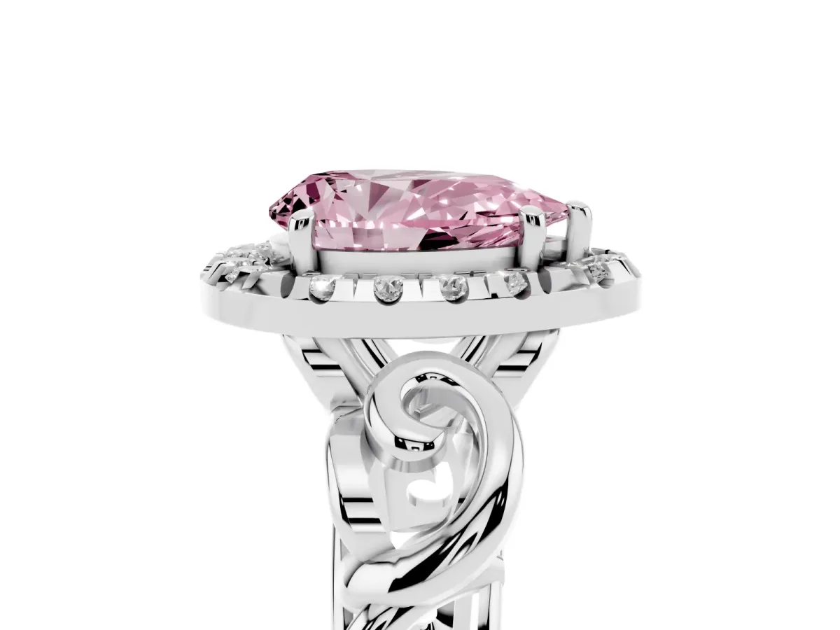 Fancy Pink Pear Cut Cut Halo Diamond Ring with Scrollwork Band and Four-Prong Setting Silver