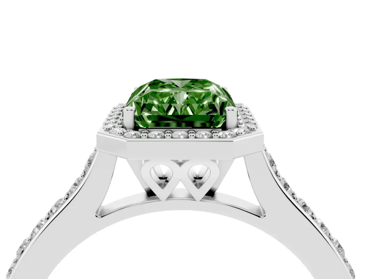 Fancy Green Radiant Cut Diamond Halo Engagement Ring with Round Pavé Shoulders and Prong Setting Silver
