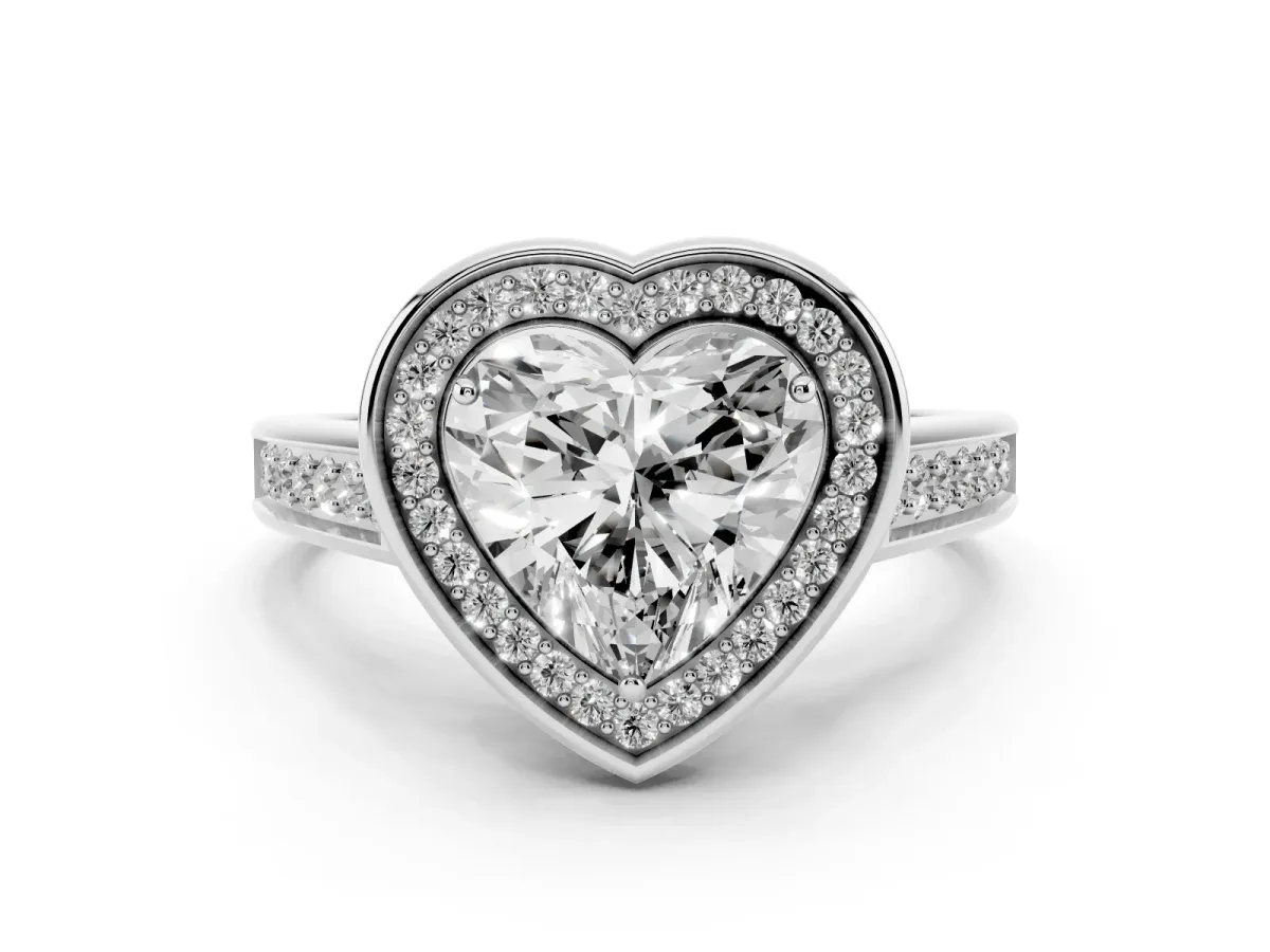 Heart Cut Halo Solitaire Diamond Ring with Pave Band and Bezel Setting Platinum