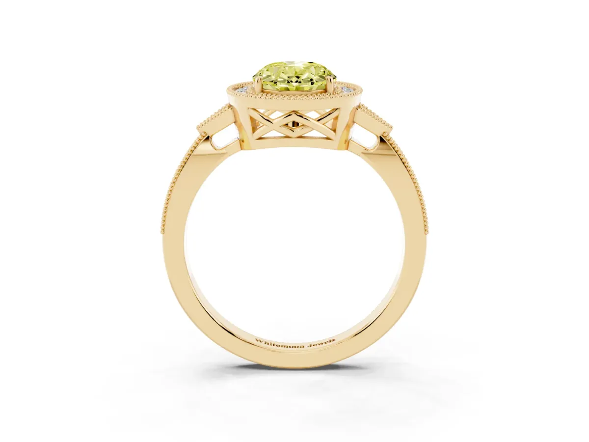 Fancy Yellow Oval Cut Halo Round Diamond Milgrain Pave Engagement Ring Yellow gold