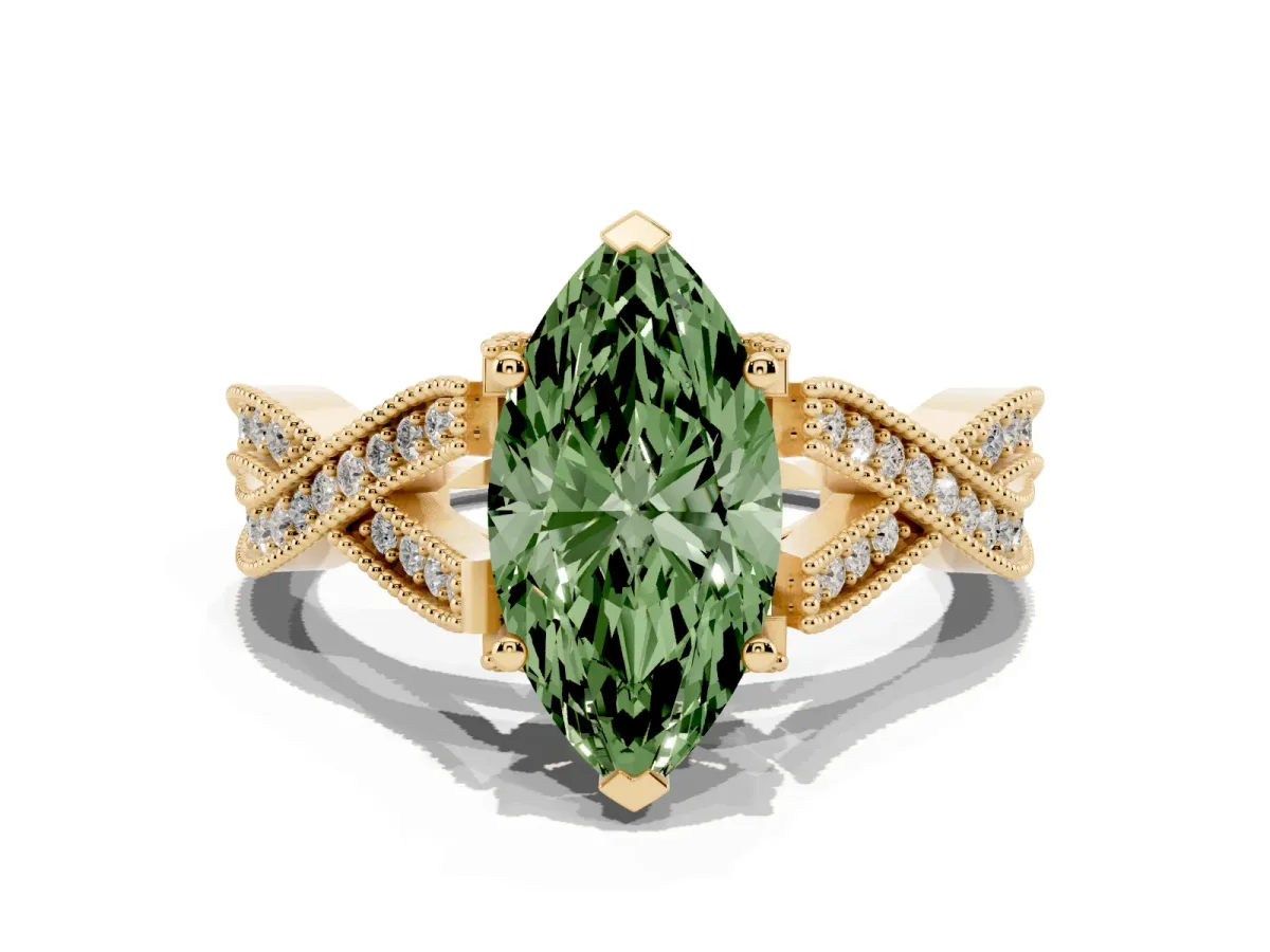 Fancy Green Marquise Cut Cut Diamond Twisted Band with Milgrain Pave Setting and Four-Prong Setting Yellow gold