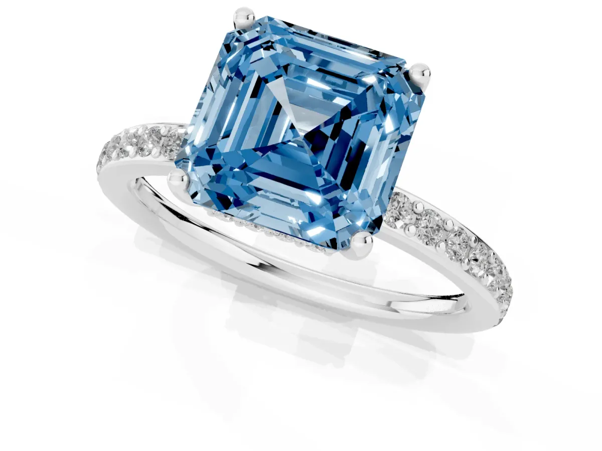Fancy Blue Asscher Cut Cut Diamond Pavé Band Ring with Four-Prong Setting Silver