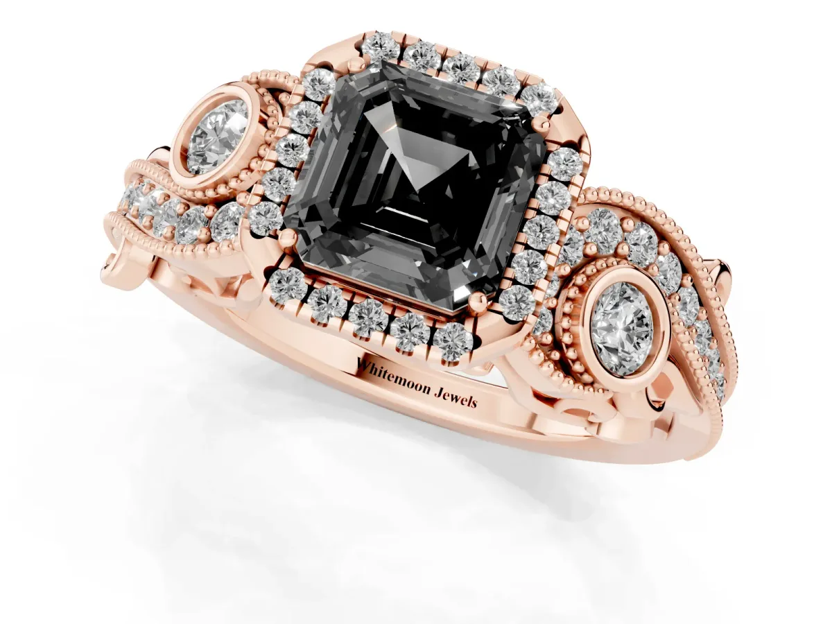 Fancy Black Asscher Cut Halo Diamond Ring with Milgrain and Bezel Accents on a Split Shank Band Rose gold