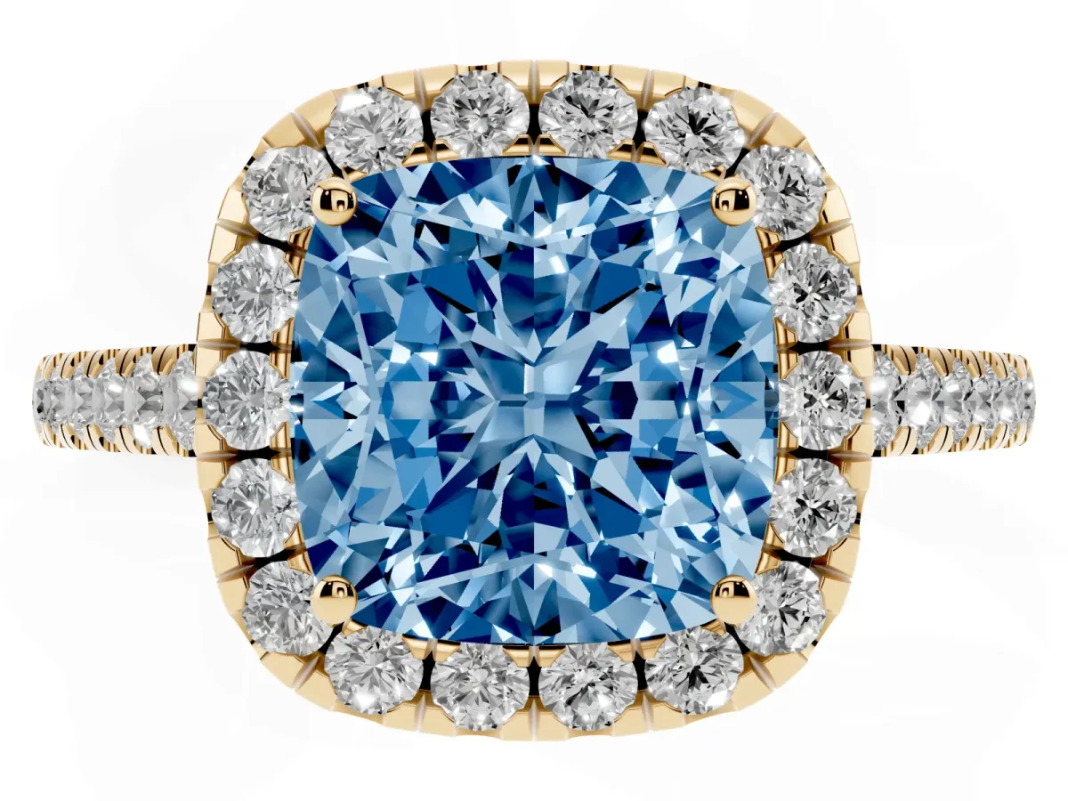 Fancy Blue Cushion Cut Halo Pave Diamond Engagement Ring with Four-Prong Setting Yellow gold
