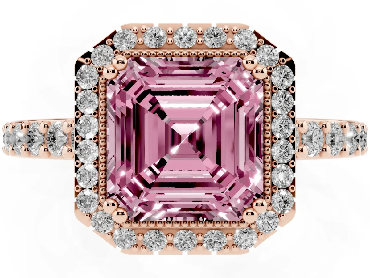 Fancy Pink Asscher Cut Cut Diamond Halo Engagement Ring with Milgrain Detail and Pavé Band Rose gold