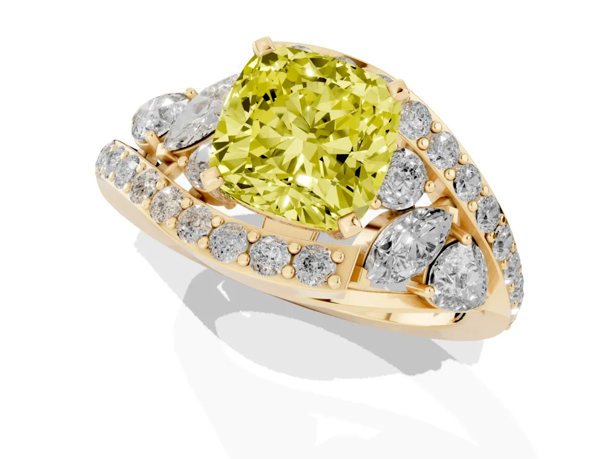Fancy Yellow Cushion Cut Diamond Halo Ring with Marquise and Pavé Band in Prong Setting Yellow gold