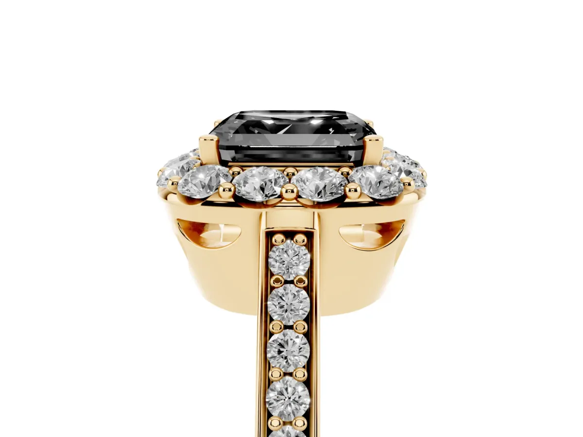 Fancy Black Asscher Cut Diamond Floral Halo Ring with Pavé Band and Prong Setting Yellow gold