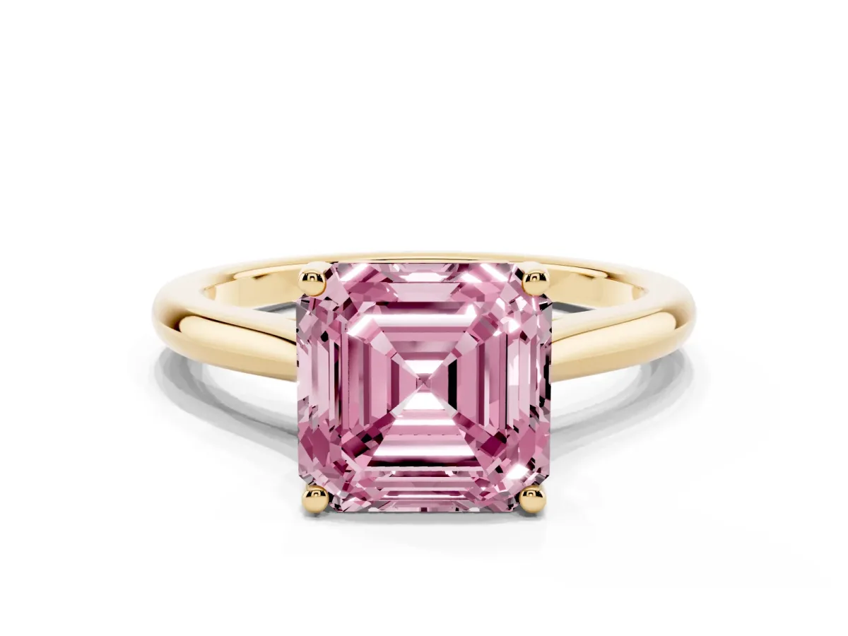 Fancy Pink Asscher Cut Cut Solitaire Ring with Cathedral Band and Four-Prong Setting Yellow gold