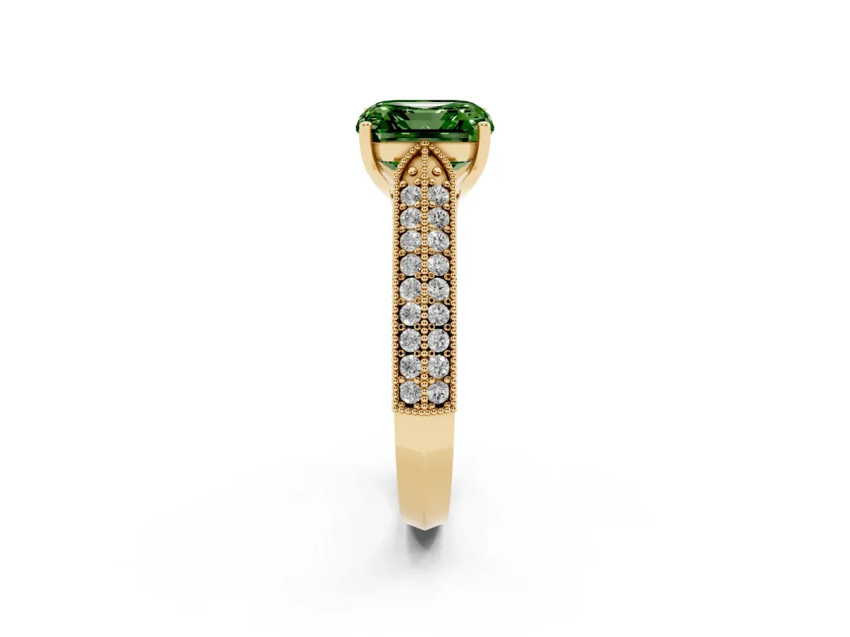 Fancy Green Asscher Cut Cut Pave Split Shank Engagement Ring with Four-Prong Setting Yellow gold