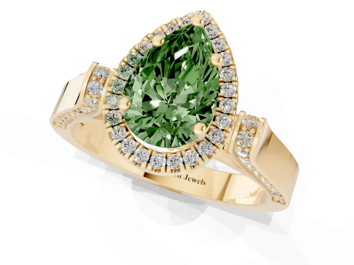Fancy Green Pear Cut Halo Pave Split Shank Prong Setting Ring Yellow gold