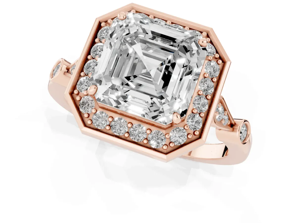 Asscher Cut Halo Diamond Engagement Ring with Twisted Band and Four-Prong Setting Rose gold