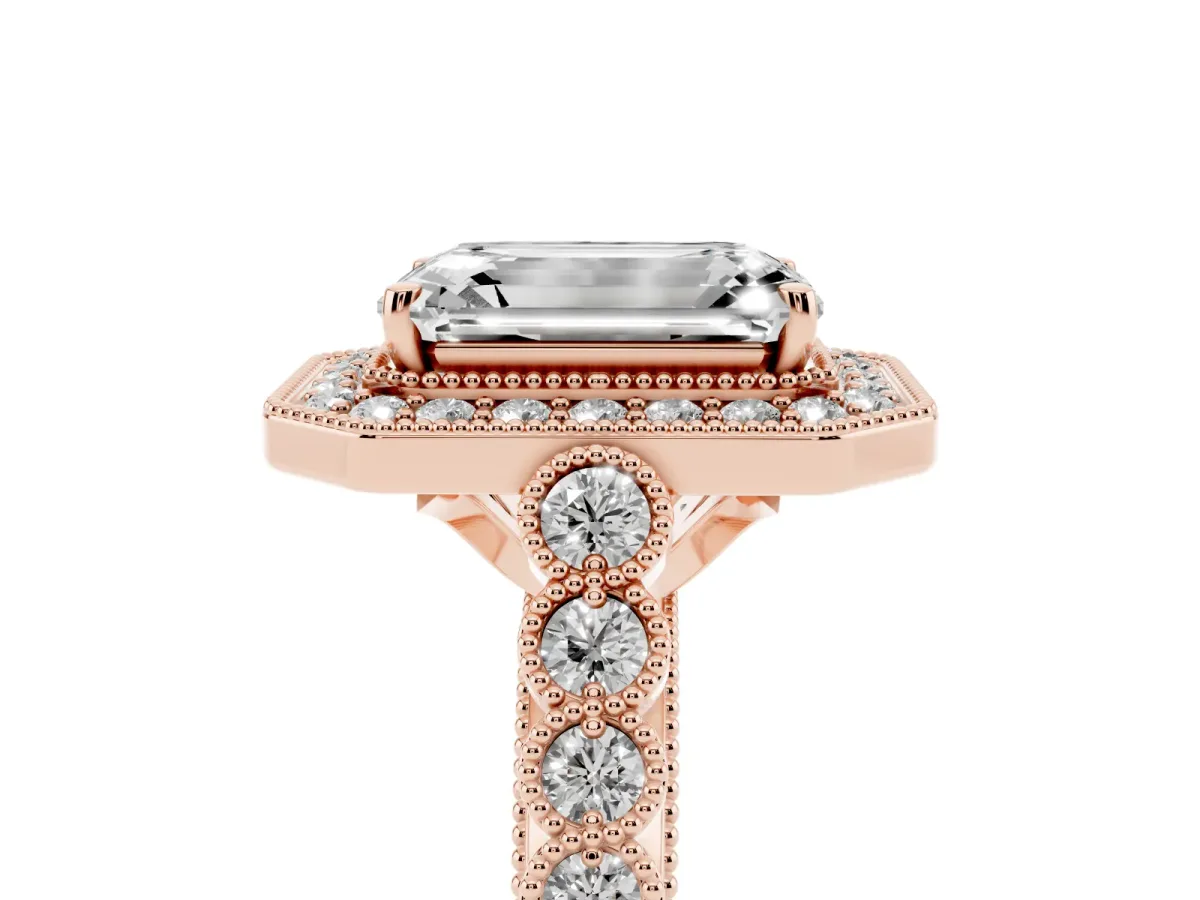 Emerald Cut Halo Milgrain Solitaire with Bezel Set Side Stones and Pave Band Rose gold