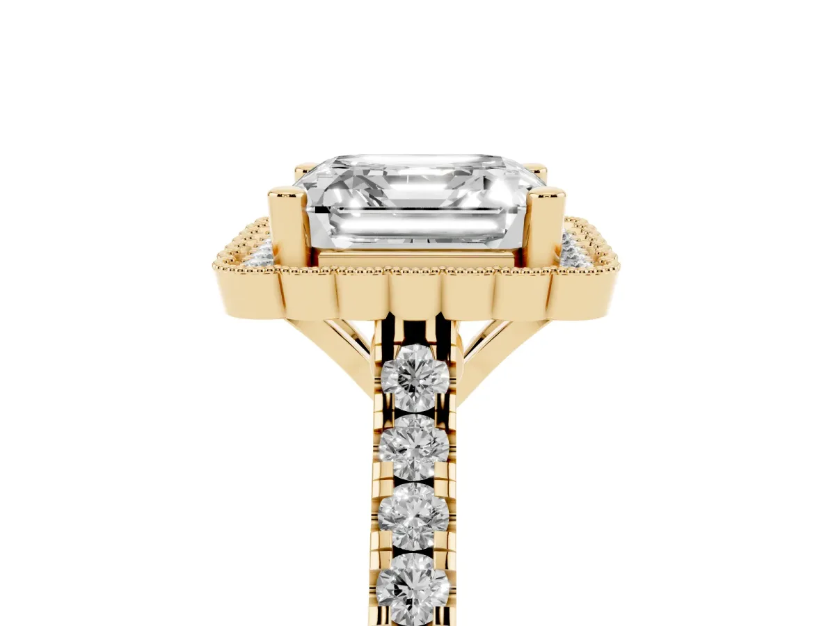 Asscher Cut Cut Diamond Milgrain Floral Halo Engagement Ring with Pavé Band Yellow gold