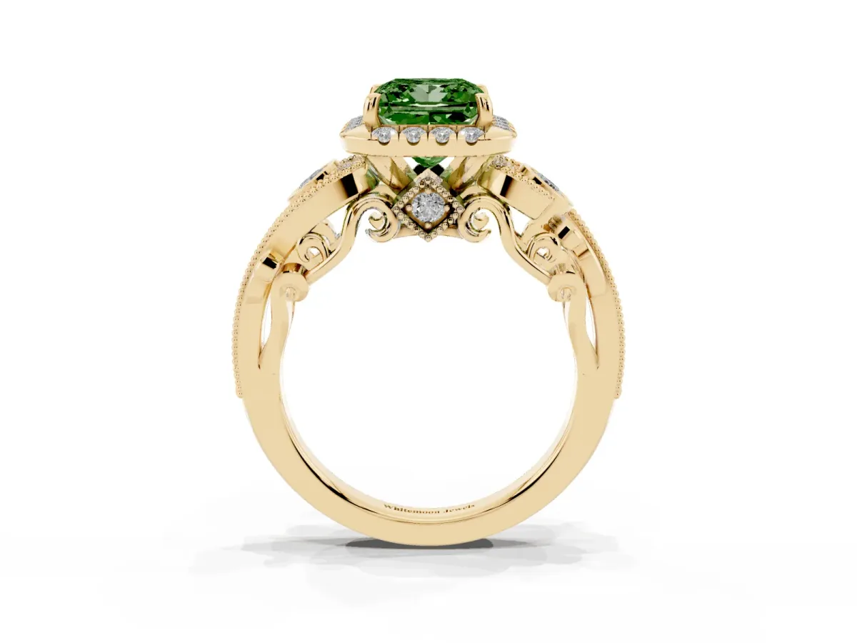 Fancy Green Princess Cut Diamond Halo Ring with Milgrain Pavé Band and Four-Prong Setting Yellow gold