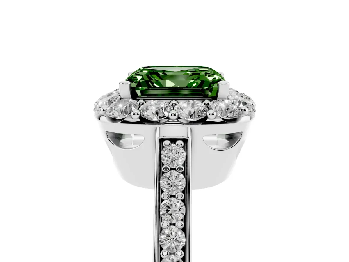 Fancy Green Asscher Cut Diamond Floral Halo Ring with Pavé Band and Prong Setting White gold