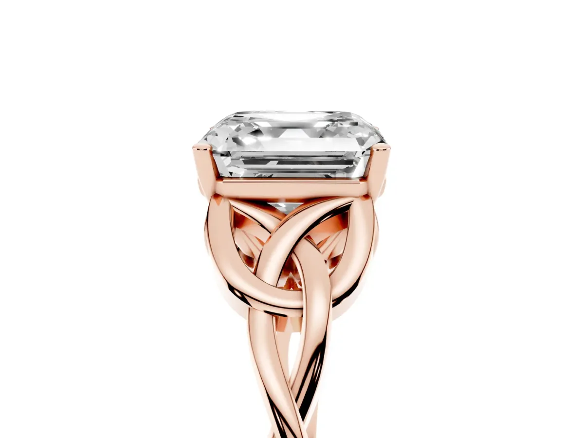 Asscher Cut Diamond Solitaire Engagement Ring with Celtic Knot Band and Four-Prong Setting Rose gold