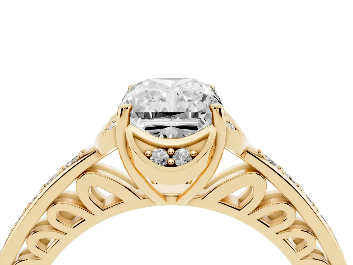 Radiant Cut Cut Halo Diamond Ring with Channel Set Band and Four-Prong Setting Yellow gold