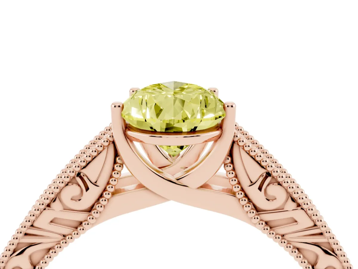 Fancy Yellow Pear Cut Diamond Solitaire Ring with Engraved Band and Four-Prong Setting Rose gold