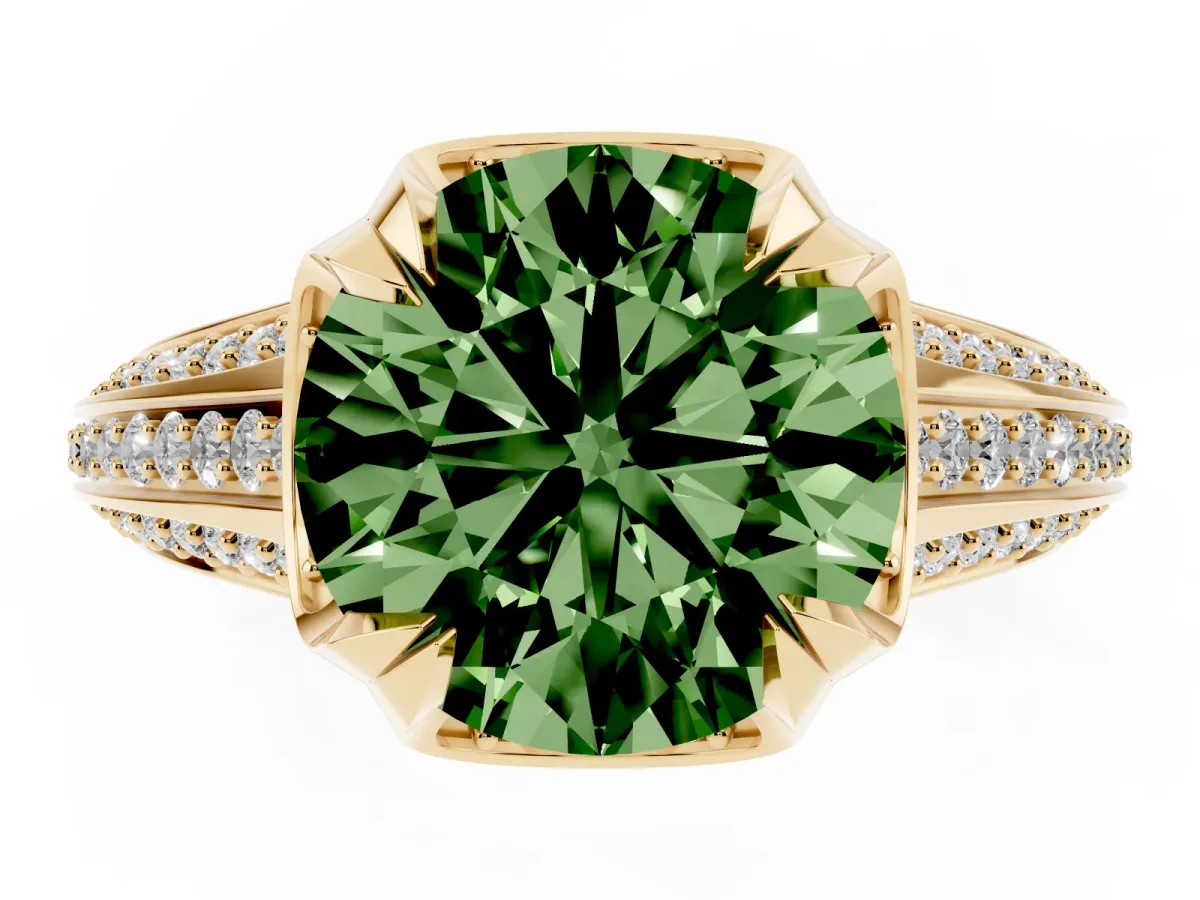 Fancy Green Round Cut Solitaire Pave Split Shank Ring with Four-Prong Setting Yellow gold