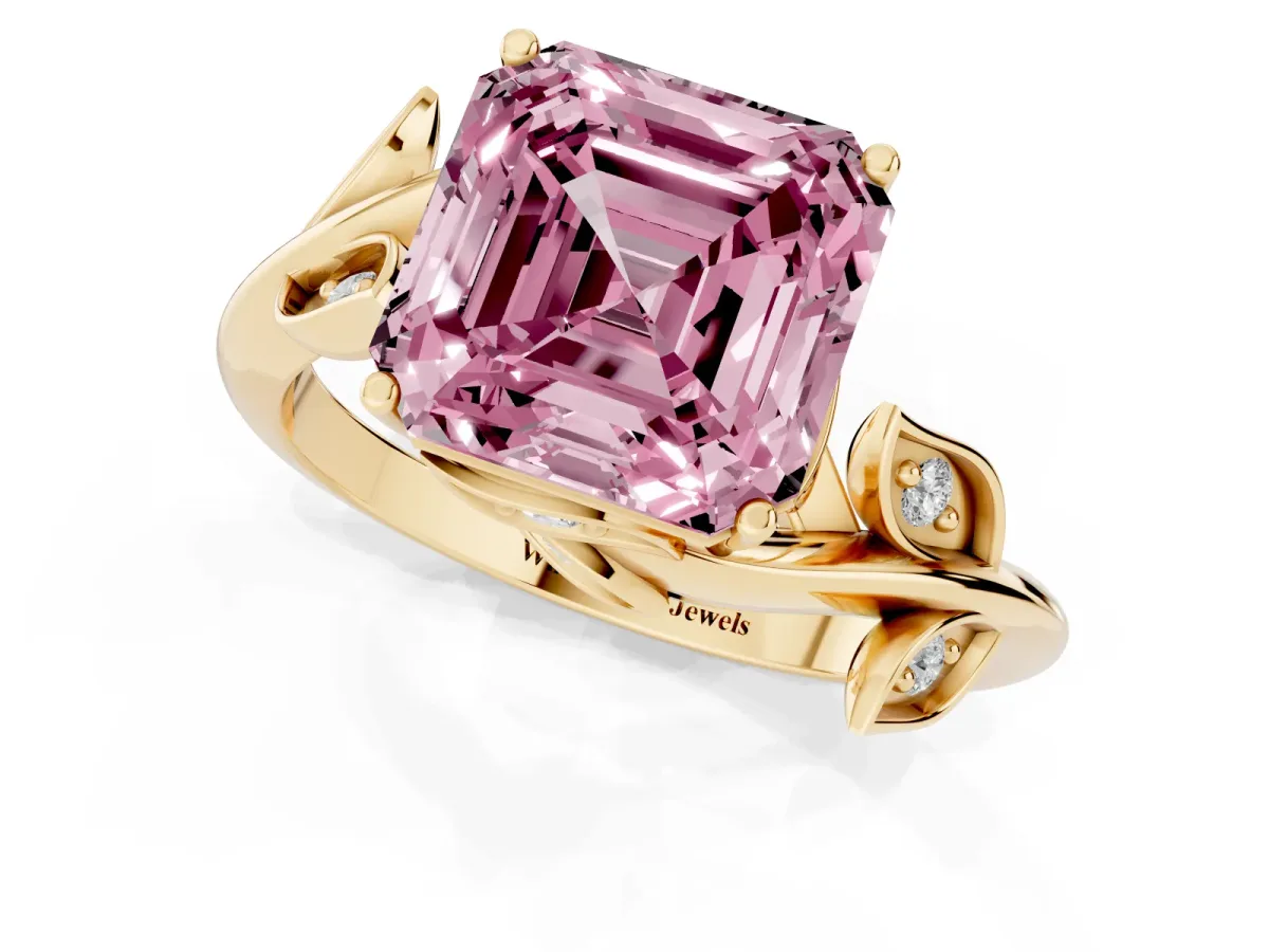 Fancy Pink Asscher Cut Solitaire Twist Engagement Ring with Leaf Accents and Prong Setting Yellow gold