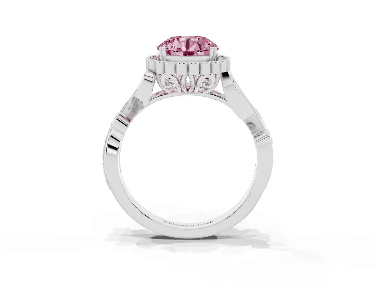 Fancy Pink Round Cut Diamond Halo Ring with Vintage Split Shank and Four-Prong Setting Silver