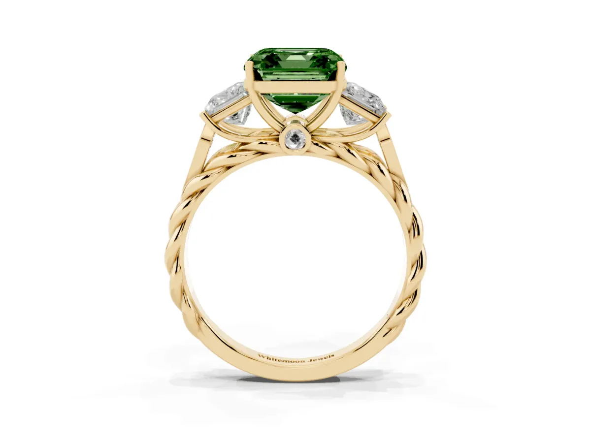 Fancy Green Three-Stone Asscher Cut Diamond Braided Band Ring with Four-Prong Setting Yellow gold