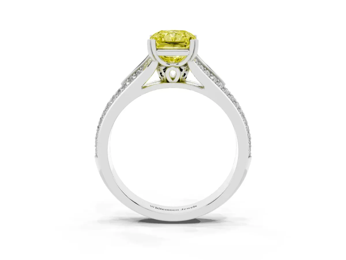 Fancy Yellow Radiant Cut Diamond Split Shank Engagement Ring with Pavé Band Platinum