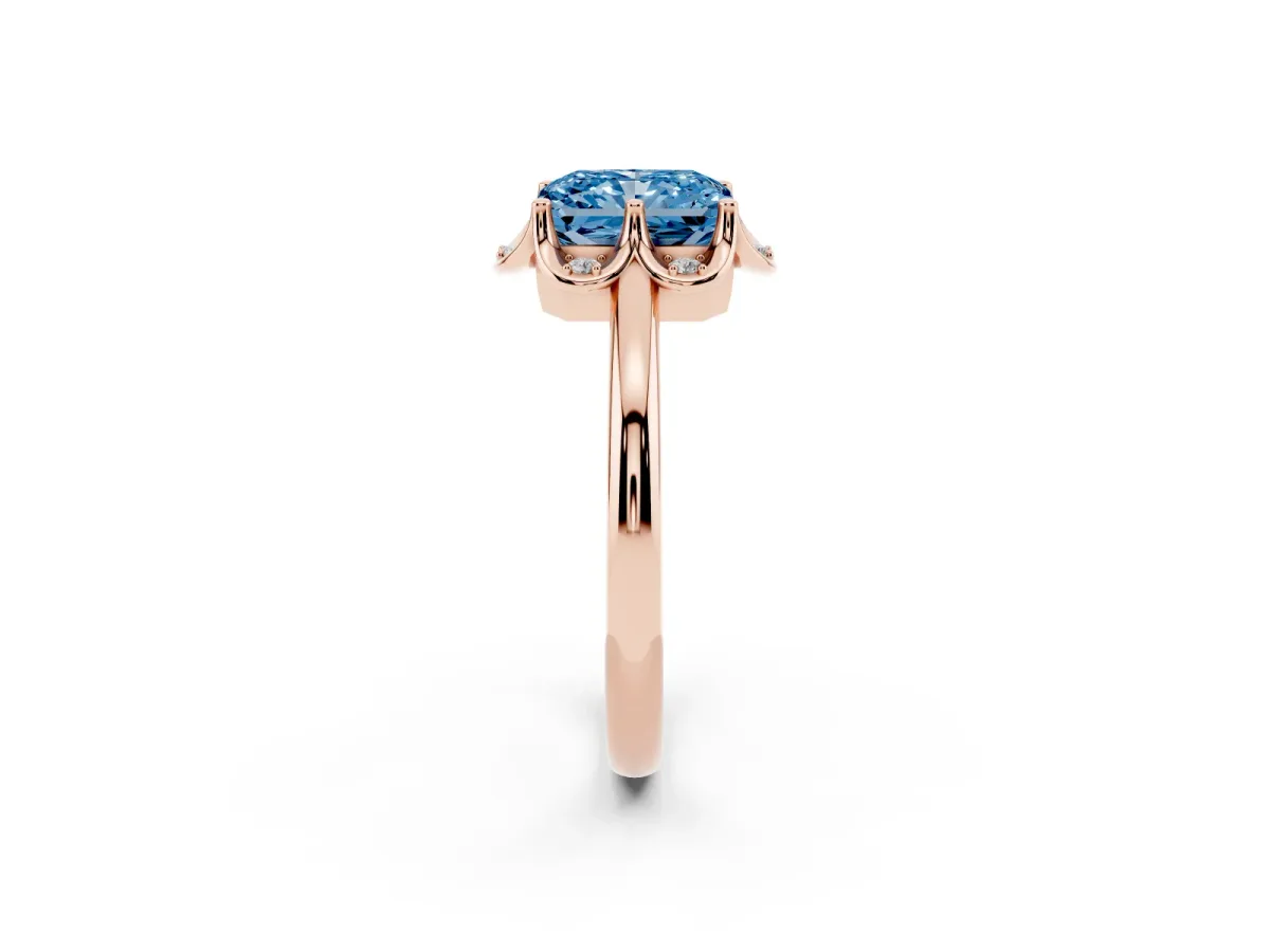 Fancy Blue Radiant Cut Halo Diamond Ring with Round Cluster Setting, Solitaire Band, and Four-Prong Setting Rose gold