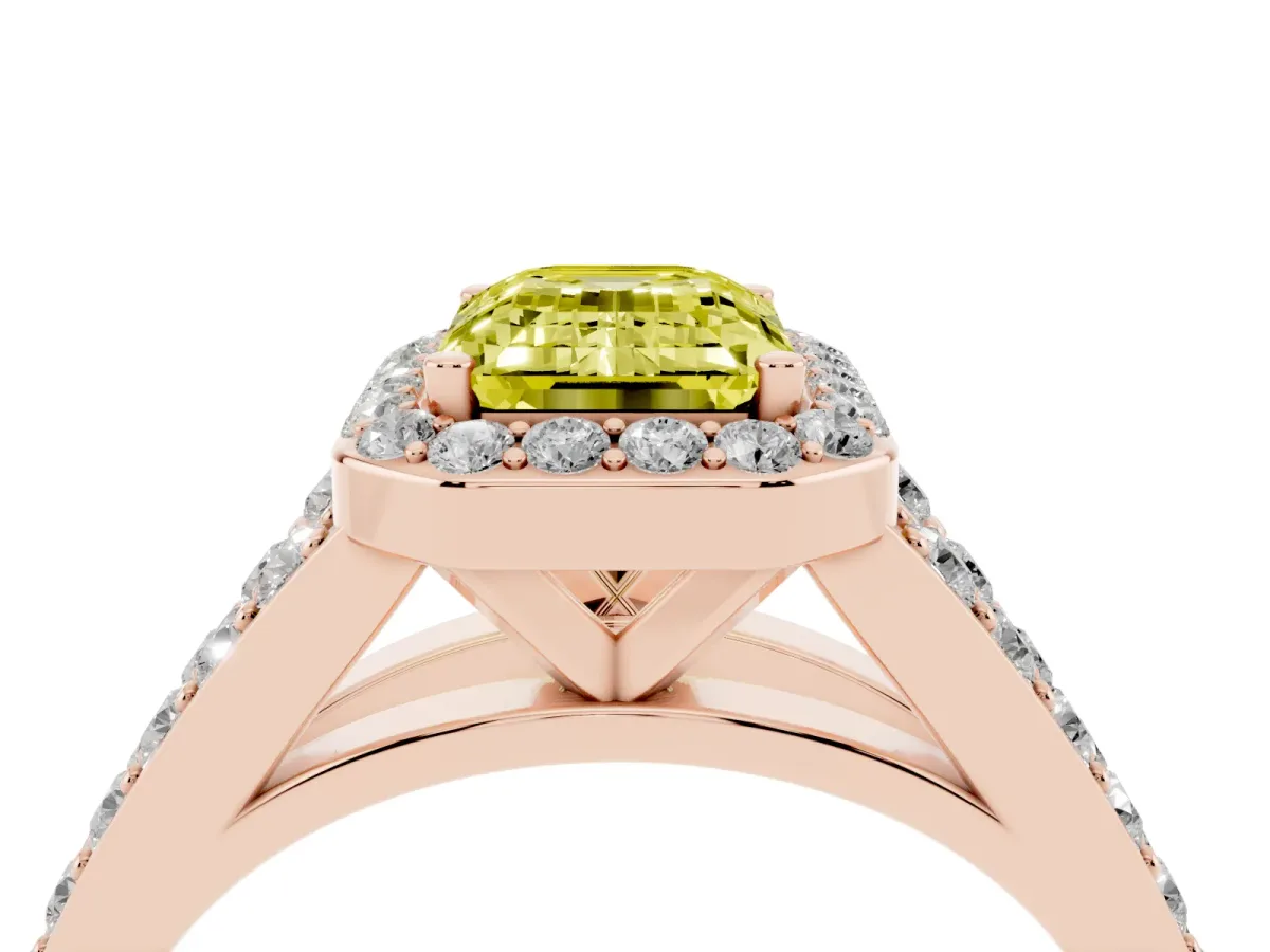 Fancy Yellow Emerald Cut Diamond Split Shank Halo Ring with Four-Prong Setting Rose gold