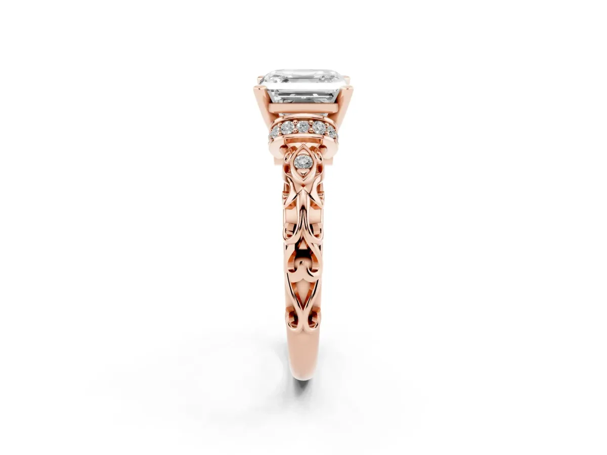 Asscher Cut Diamond Solitaire Ring with Filigree Band and Four-Prong Setting Rose gold