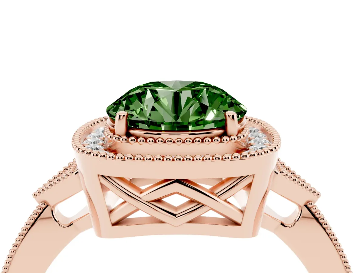 Fancy Green Round Cut Halo Round Diamond Milgrain Pave Engagement Ring Rose gold