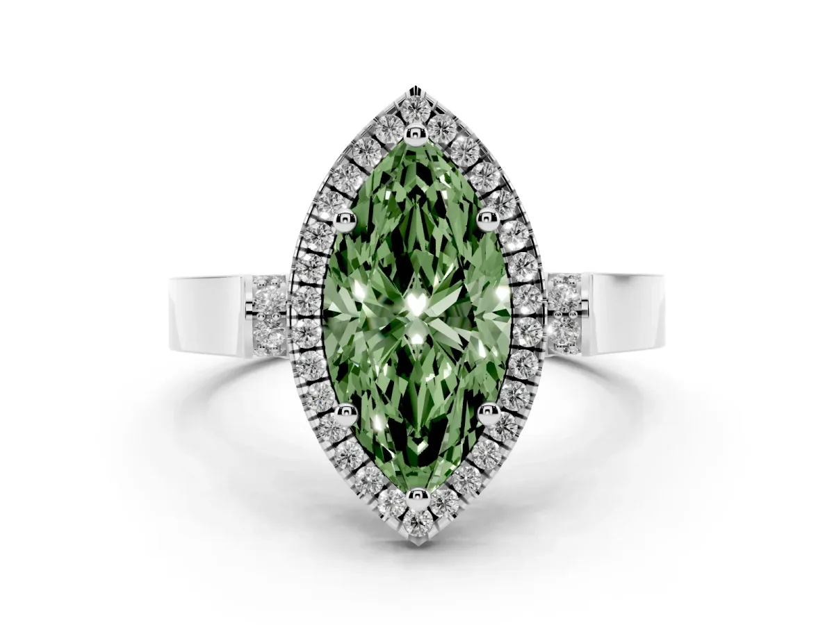 Fancy Green Marquise Cut Halo Round Diamond Twist Band with Four-Prong Setting White gold