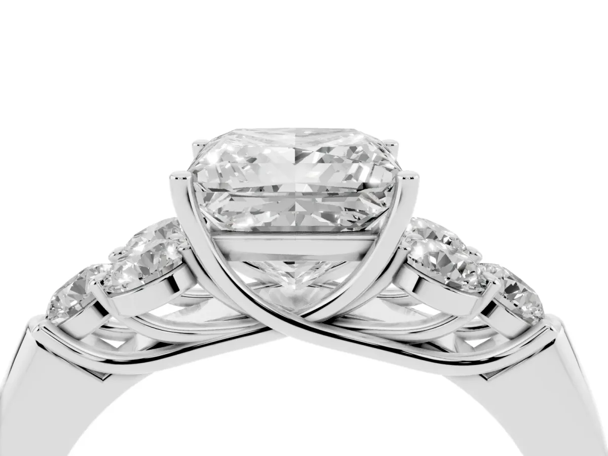 Princess Cut Cut Diamond Cluster Ring with Round Accent Stones and Prong Setting on a Classic Band White gold