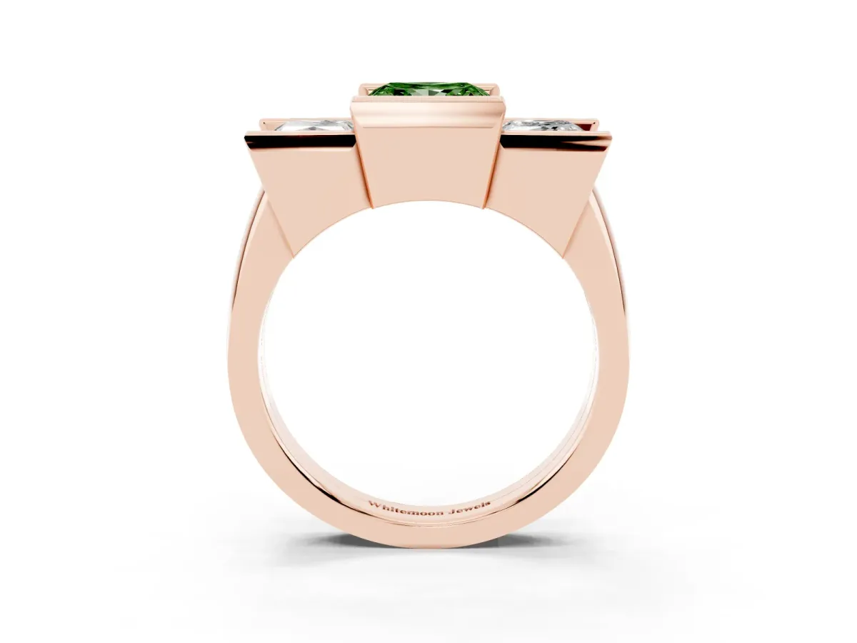 Fancy Green Three Stone Princess Cut Cut Channel Set Diamond Ring Rose gold