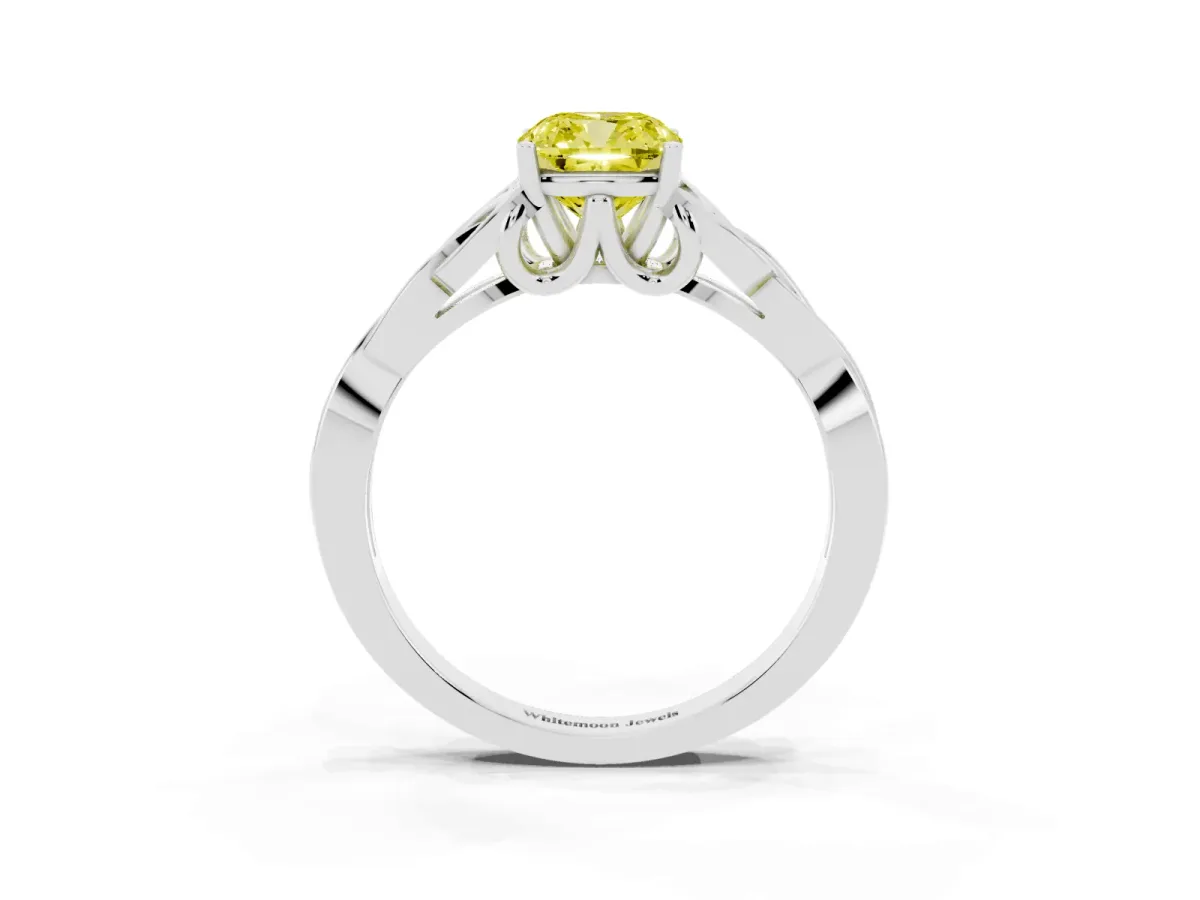 Fancy Yellow Cushion Cut Diamond Solitaire Engagement Ring with Celtic Knot Band and Four-Prong Setting Silver