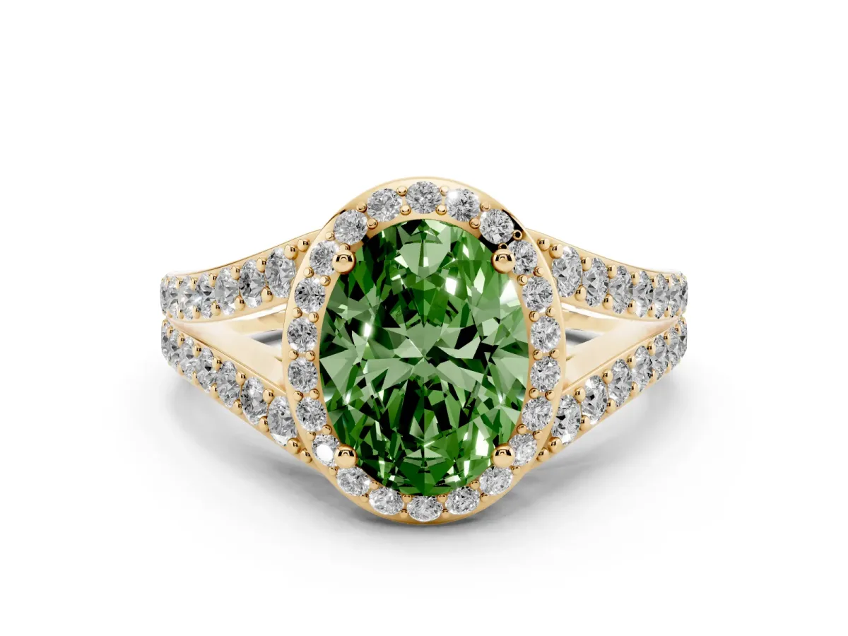 Fancy Green Oval Cut Diamond Split Shank Halo Ring with Four-Prong Setting Yellow gold