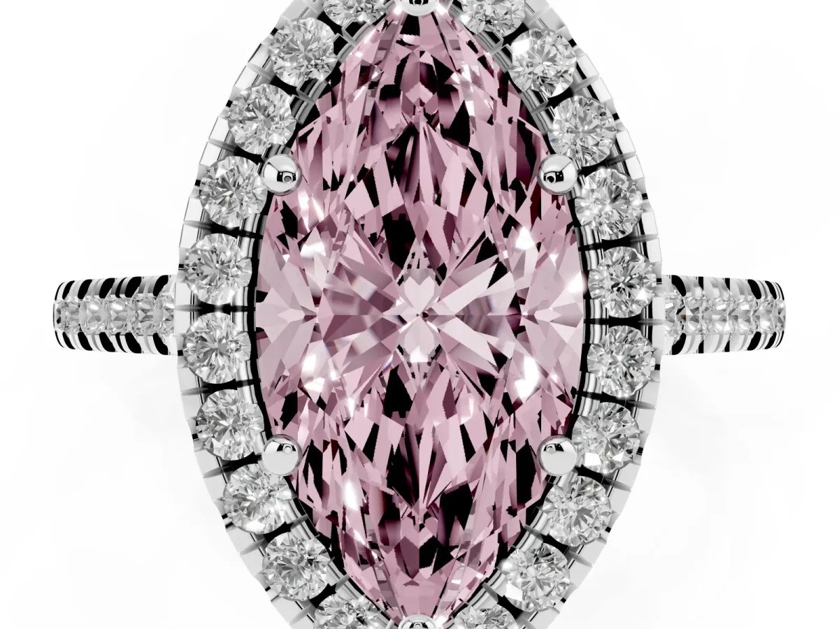 Fancy Pink Marquise Cut Diamond Cushion Halo Ring with Pavé Band White gold
