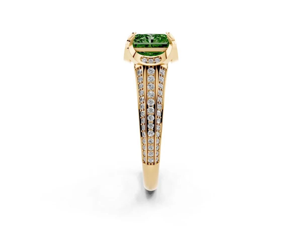 Fancy Green Radiant Cut Solitaire Pave Split Shank Ring with Four-Prong Setting Yellow gold