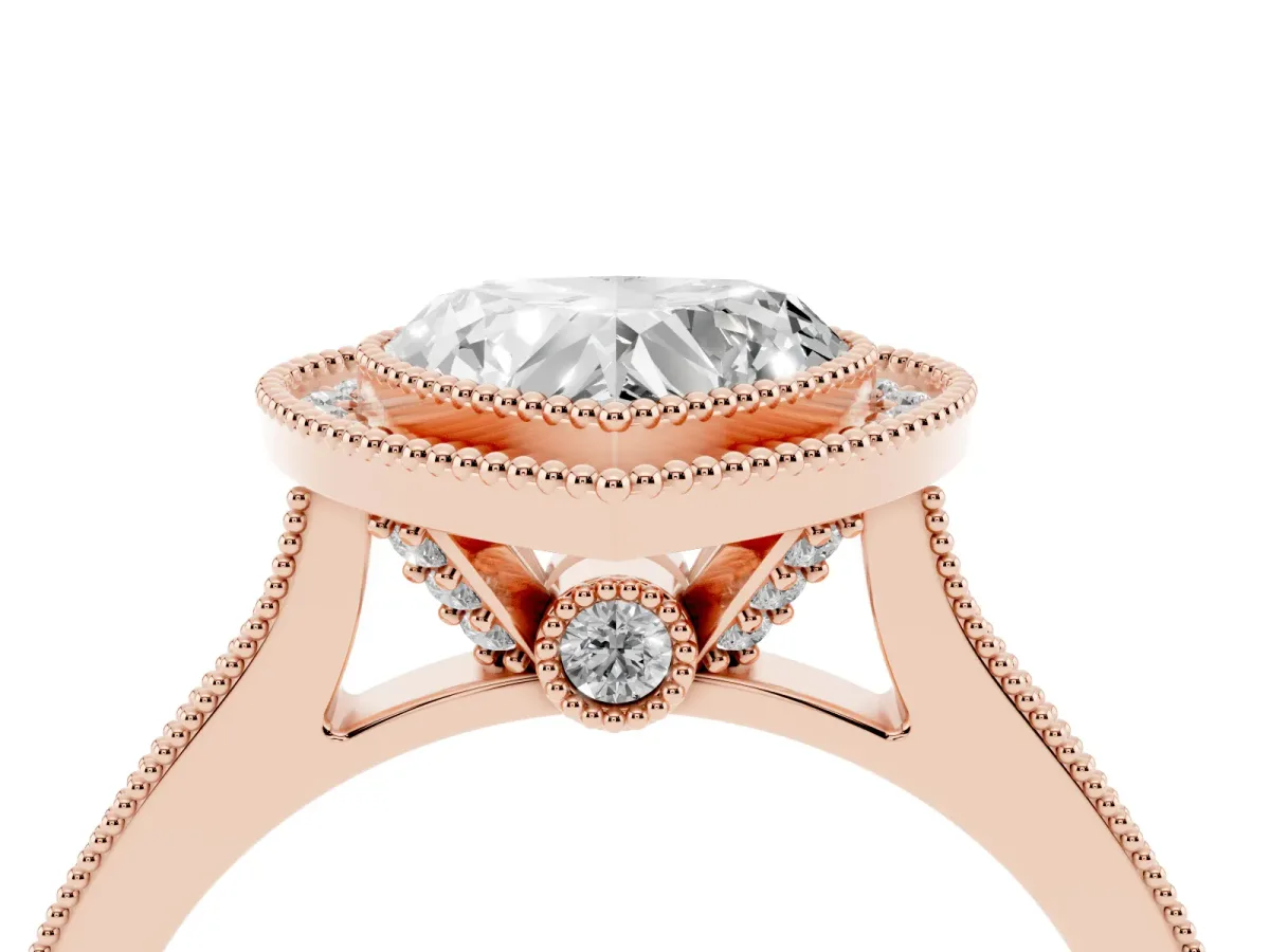 Halo Heart Cut-Cut Diamond Pave Band Milgrain Prong Setting Ring Rose gold