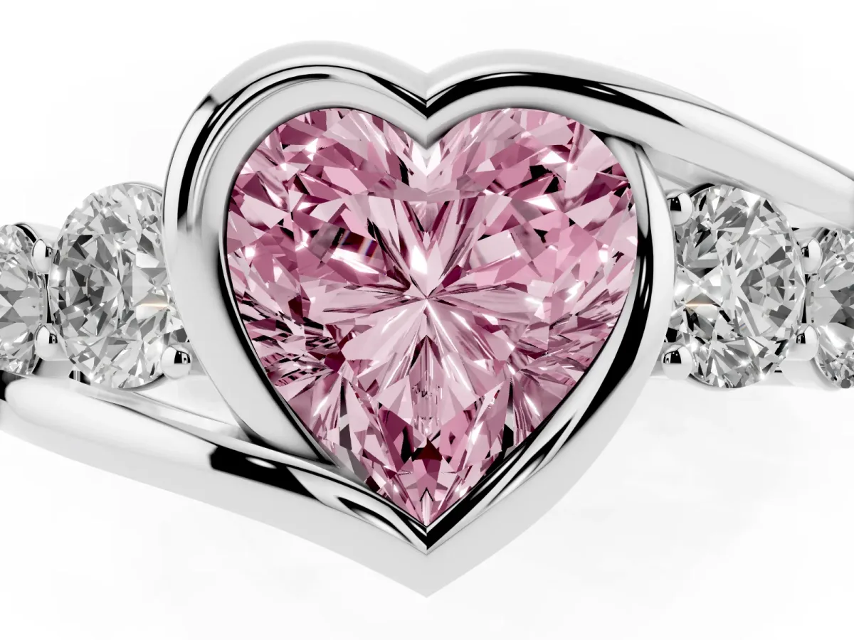 Fancy Pink Bezel Set Heart Cut Diamond Bypass Ring with Round Accents Platinum