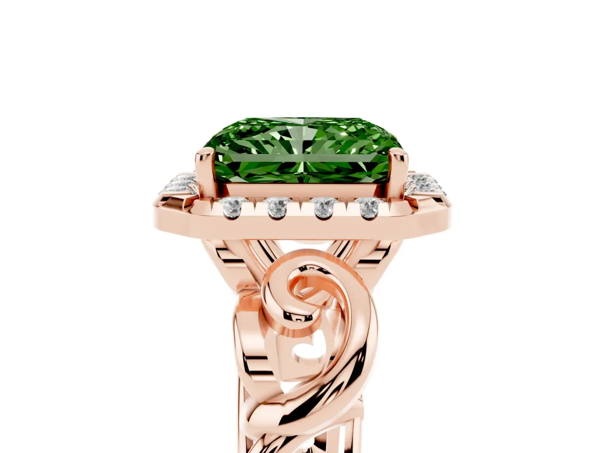 Fancy Green Radiant Cut Cut Halo Diamond Ring with Scrollwork Band and Four-Prong Setting Rose gold